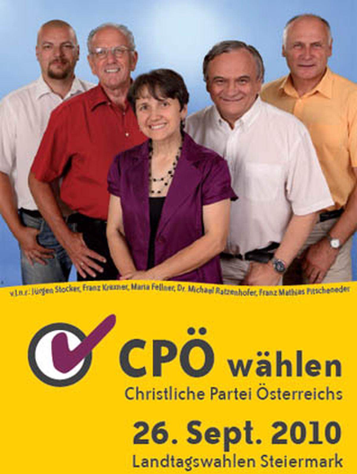 Die CPÖ setzt sich für "christliche Werte" in der Wirtschaft und der Gesellschaft ein. Der Slogan "Leben.Werte.Zukunft." beinhaltet auch die Themen der Partei mit ihrer Spitzenkandidatin Maria Fellner.