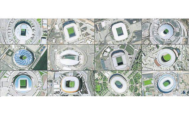 Selbst im Weltall ist die Fußball-WM 2018 zu sehen: Satellitenbilder der zwölf Stadien in St. Petersburg, Kaliningrad, Rostow, Samara, Nischni Nowgorod, Sotschi, Moskau (Spartak), Jekaterinburg, Kasan, Saransk, Moskau (Luschniki) und Wolgograd.