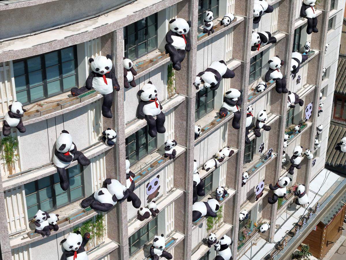 10. August. Panda-Figuren hängen an der Fassade eines Hotels in Yantai, China.