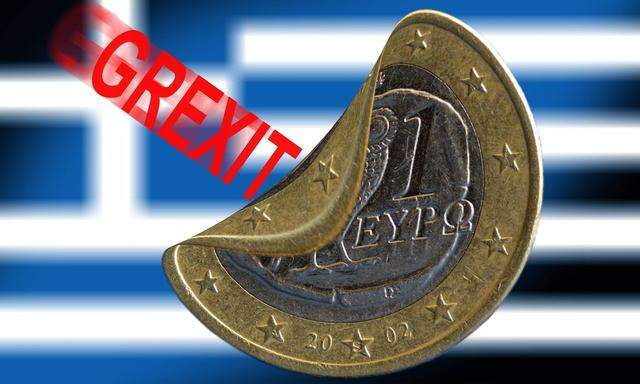 griechischer Euro mit Flagge Griechenland s und Schriftzug Grexit fuer den drohenden Austritts Griec