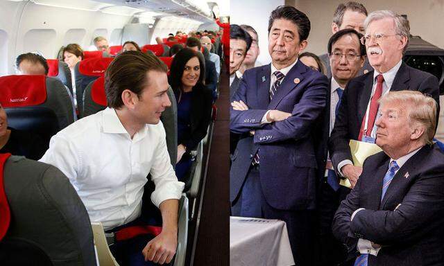 Sebastian Kurz im Flugzeug und Donald Trump beim G7-Gipfel