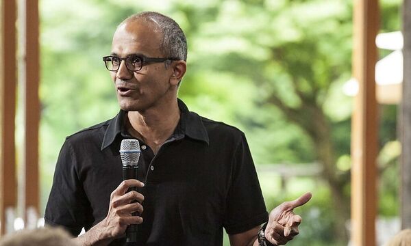 Satya Nadella, executive vice president, Cloud and Enterprise, addresses employees during the One Microsoft Town Hall event in Seattle