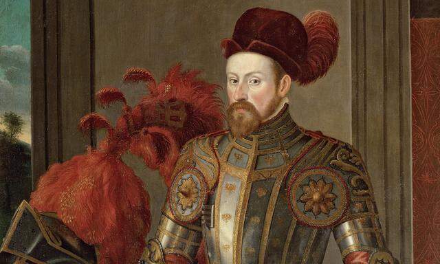 Erzherzog Ferdinand II. um 1556 in der sogenannten Adlergarnitur, mit böhmischem Hut.