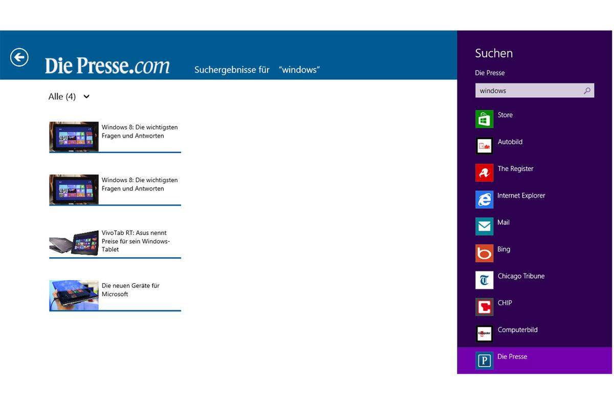 Über die in Windows 8 integrierte Suche (zu finden im Charms-Menü rechts) lassen sich in der App verfügbare Artikel leicht finden.