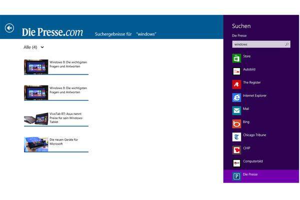 Über die in Windows 8 integrierte Suche (zu finden im Charms-Menü rechts) lassen sich in der App verfügbare Artikel leicht finden.