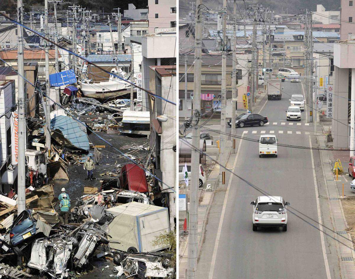Eine Straße in Miyako in der Präfektur Iwate am 12. März 2011 (links) und am 1. März 2013.