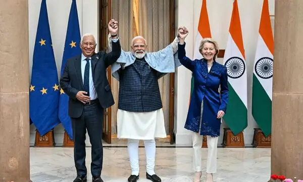 Was lange währte, wurde endlich gut: Indiens Premierminister Modi am Dienstag in Neu-Delhi mit den EU-Spitzen Costa und von der Leyen.