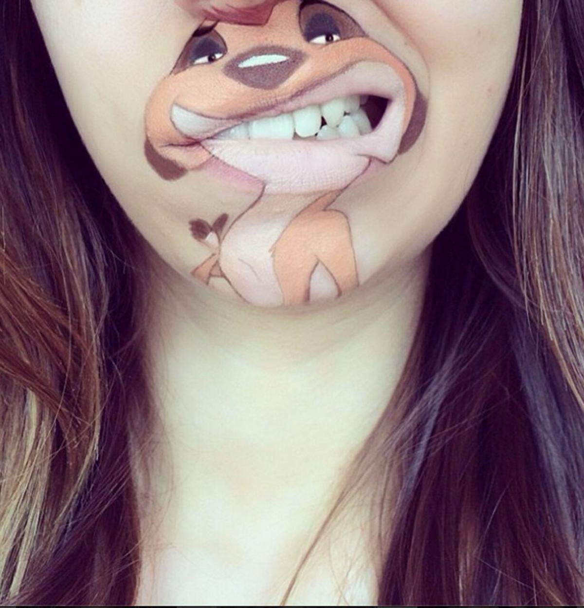 Make-up-Artist Laura Jenkinson aus London zeigt auf ihrem Instagram-Account, was man aus ein bisschen Farbe alles machen kann. Sie bemalt ihre Lippen mit Comicfiguren, die durch ihre Mundbewegungen zum Leben erwachen. So etwa Erdmännchen Timon von "König der Löwen".