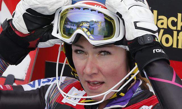 Shiffrin of the U.S. reacts in the finish area during the first run of the women´s slalom at the FIS Alpine Skiing World Cup Finals in Lenzerheide