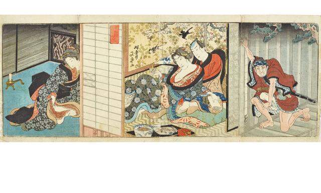 „Belauschtes Liebespaar“, von Utagawa Kunisada, um 1830/40.