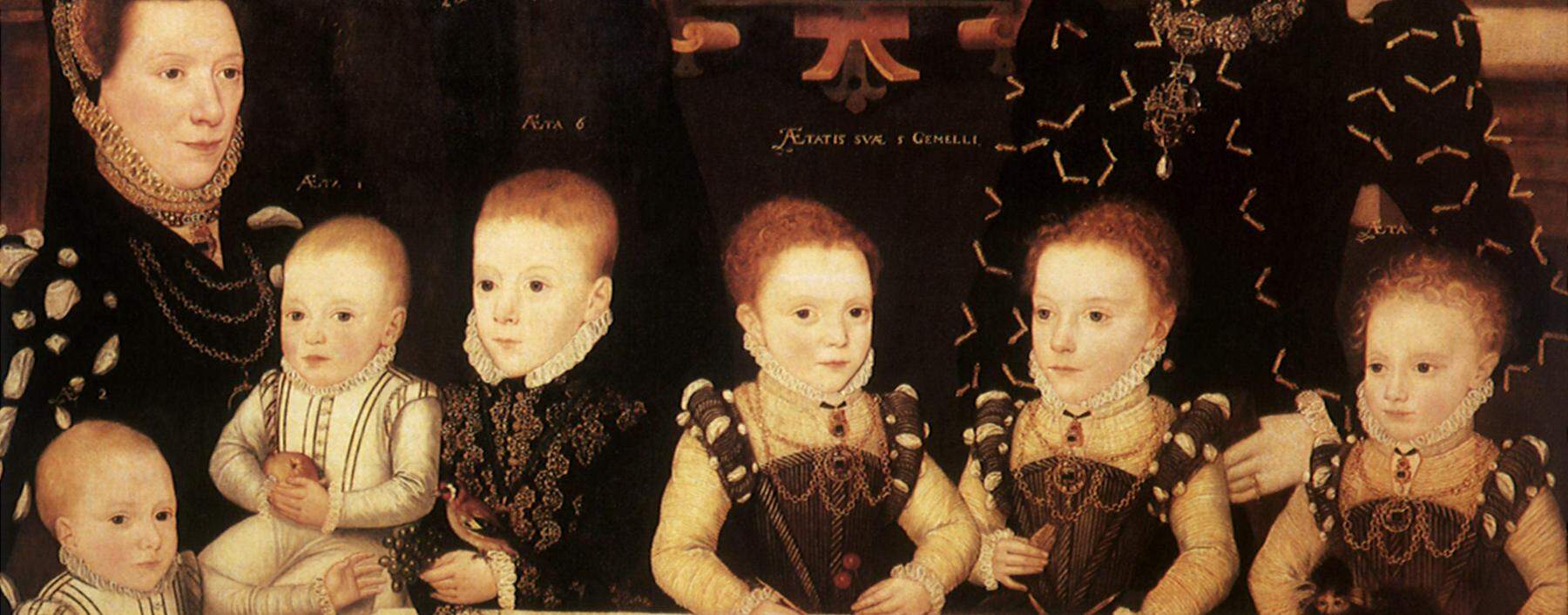 Kinder als erstarrte Miniaturerwachsene auf den Familienporträts. William Brooke, 10. Lord of Cobham, mit Familie 1567.