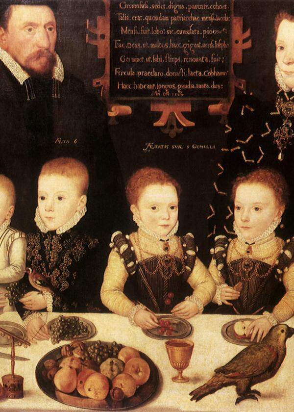 Kinder als erstarrte Miniaturerwachsene auf den Familienporträts. William Brooke, 10. Lord of Cobham, mit Familie 1567.