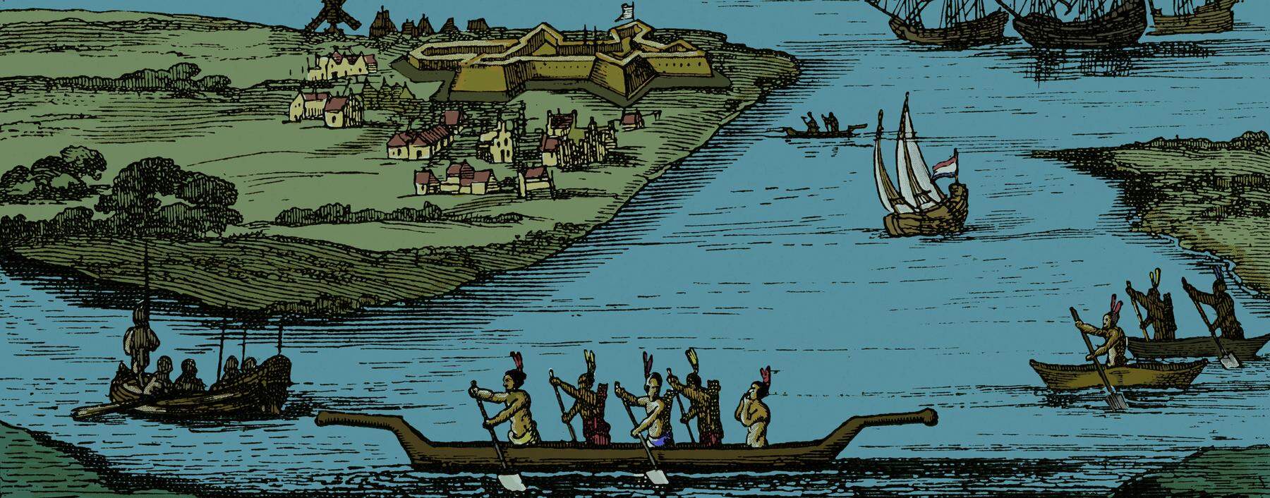 Ansicht von Neu-Amsterdam, der Siedlung der niederländischen Kolonisten im 17. Jahrhundert. 