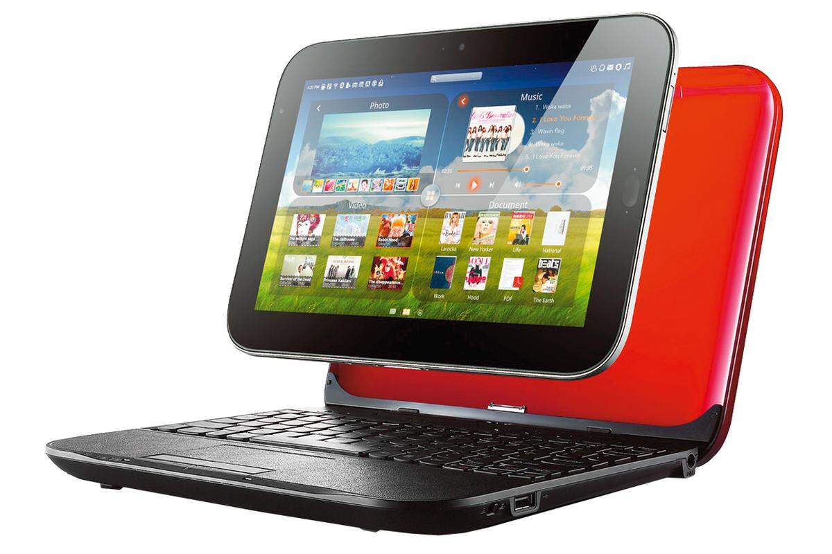 . . . LePad von Lenovo? Auf den ersten Blick präsentiert sich LePad wie ein ganz gewöhnlicher Windows-7-Laptop mit einem 10,1 Zoll großen, berührungsempfindlichen Bildschirm mit einer Auflösung von 1280 mal 800 Bildpunkten. In Wirklichkeit ist das Display für sich aber auch ein eigenständiger Computer: Wird der Touchscreen nämlich aus seiner Halterung, die die Komponenten des „richtigen“ PCs enthält, genommen, verwandelt er sich in ein Android-Tablet, mit dem der Benutzer mobil im Web surfen und die verschiedensten Android-Apps nutzen kann. Der Preis wird voraussichtlich bei etwa 1100 Euro liegen. www.lenovo.com