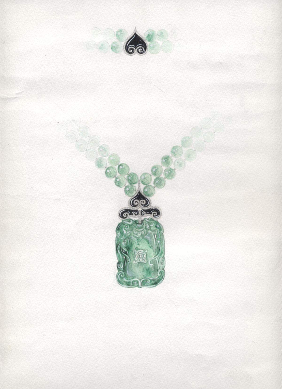 Einen exklusiven Einblick in die Welt des Schmuckdesigns gibt Carol Woolton, Schmuckredakteurin der britischen "Vogue" in ihrem neu erschienen Buch "Drawing Jewels for Fashion". Sergio Nardi zeichnete 1980 diese Halskette aus Jade.