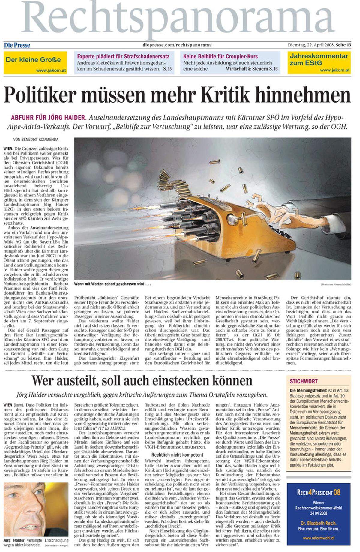 22. April 2008: Der Oberste Gerichtshof sichert die Meinungsfreiheit für Kritik an Politikern, sehr anschaulich illustriert durch Vinzenz Schüller.