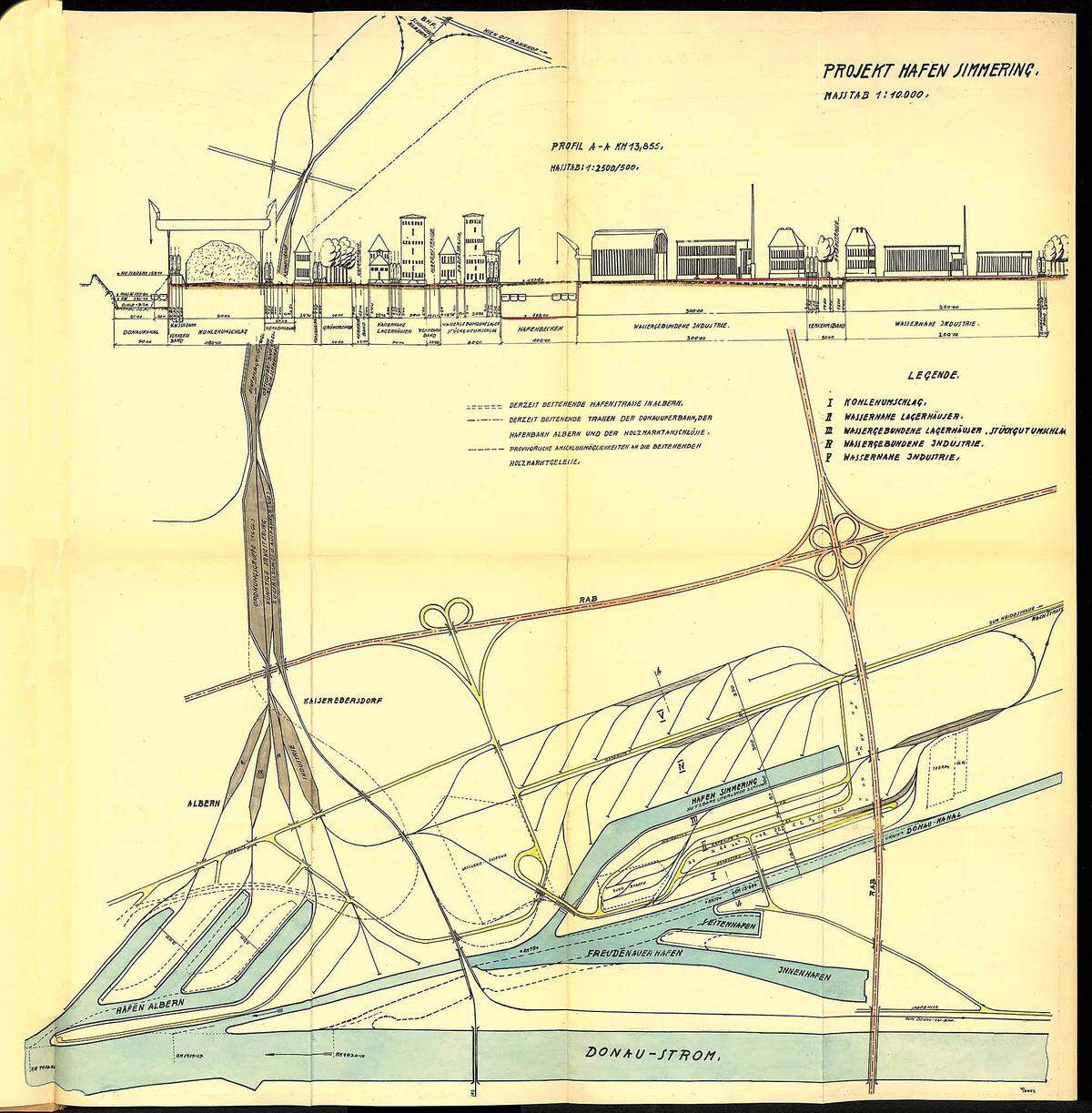 Doch nicht nur das Auto, auch die Eisenbahn und vor allem die Wasserstraßen sollten forciert werden - im Bild die projektierten Hafenanlagen in Simmering, Albern und der Freudenau.