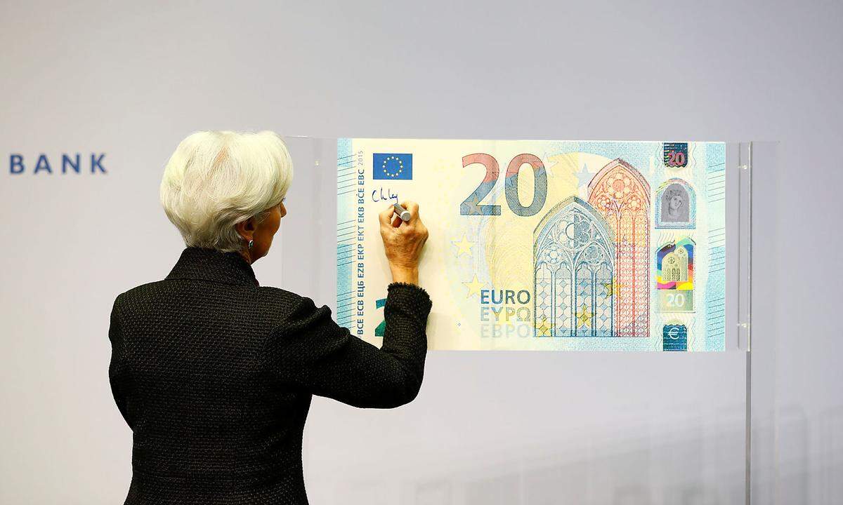 European Central Bank (ECB) President Lagarde gives a signature for newly printed euro banknotes in Frankfurt