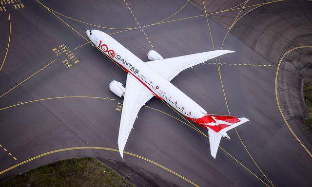 Qantas Airways QF100 flight, which marks the airline´s 100th birthday, is seen at Sydney Airport before flying over Sydney Harbour in Australia