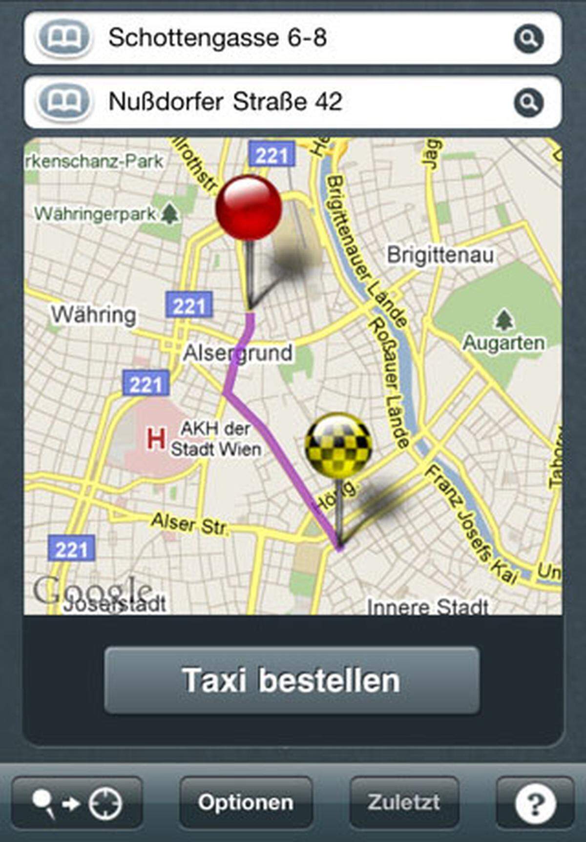 Taxi-Apps gibt es von 40100, 31300 und dem Linzer Unternehmen 2244 - alle bieten ungefähr dasselbe. Ohne einen Anruf tätigen zu müssen kann zum aktuellen Stanort ein Taxi geordert werden. Am Display wird angezeigt, wielange der Kunde warten muss, wie die ideale Route zum gewünschten Ziel aussieht und wie hoch die zu erwartenden Kosten sind. Der Taxifahrer kann anschließend bewertet werden.