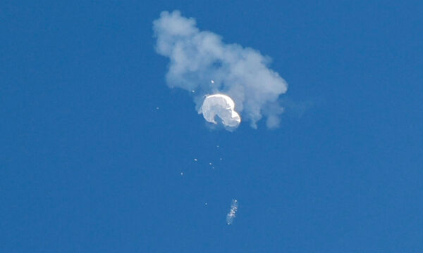 FILE PHOTO: The suspected Chinese spy balloon drifts to the ocean after being shot down off the coast in Surfside Beach