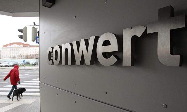 The logo of Austrian property group Conwert is pictured at its headquarters in Vienna