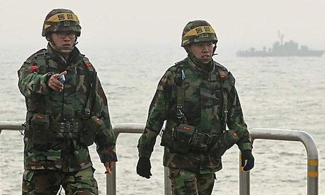 South Korean marines patrol on Yeonpyeong Island
