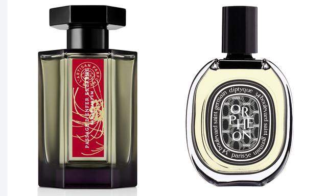 „Passage d’Enfer Extrême“ von L’Artisan Parfumeur (100   ml um 145 €) und „Orphéon“ von Diptyque  (75  ml um 135 €). 