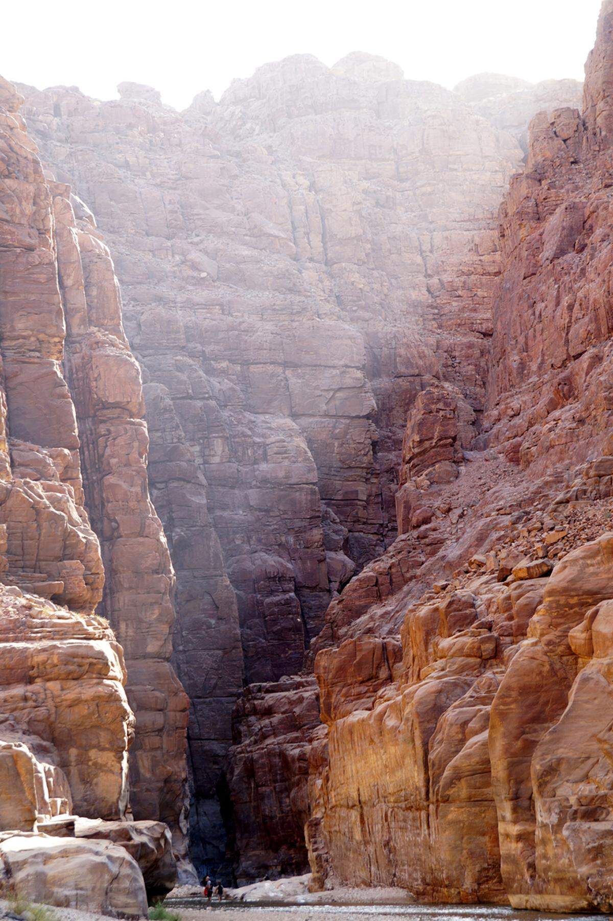 Das Wadi Mujib wird als "Grand Canyon Jordaniens" bezeichnet. Der darin fließende Bach hat sich über Jahrtausende durch das poröse Gestein gefräst und eine malerische Landschaft geschaffen.