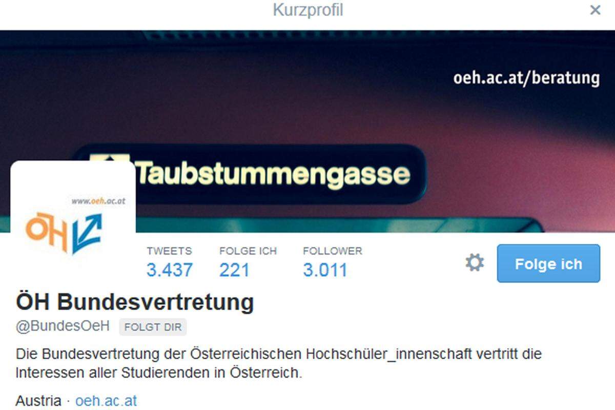 Die ÖH ist in den sozialen Medien ziemlich präsent, etwa als @bundesoeh. Die ÖH-Vertreter twittern bisweilen auch Minister Reinhold Mitterlehner alias @mitterlehner an.