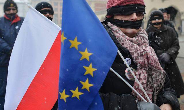 January 21 2018 Krakow Poland Members of the Polish opposition and activists wearing black ba
