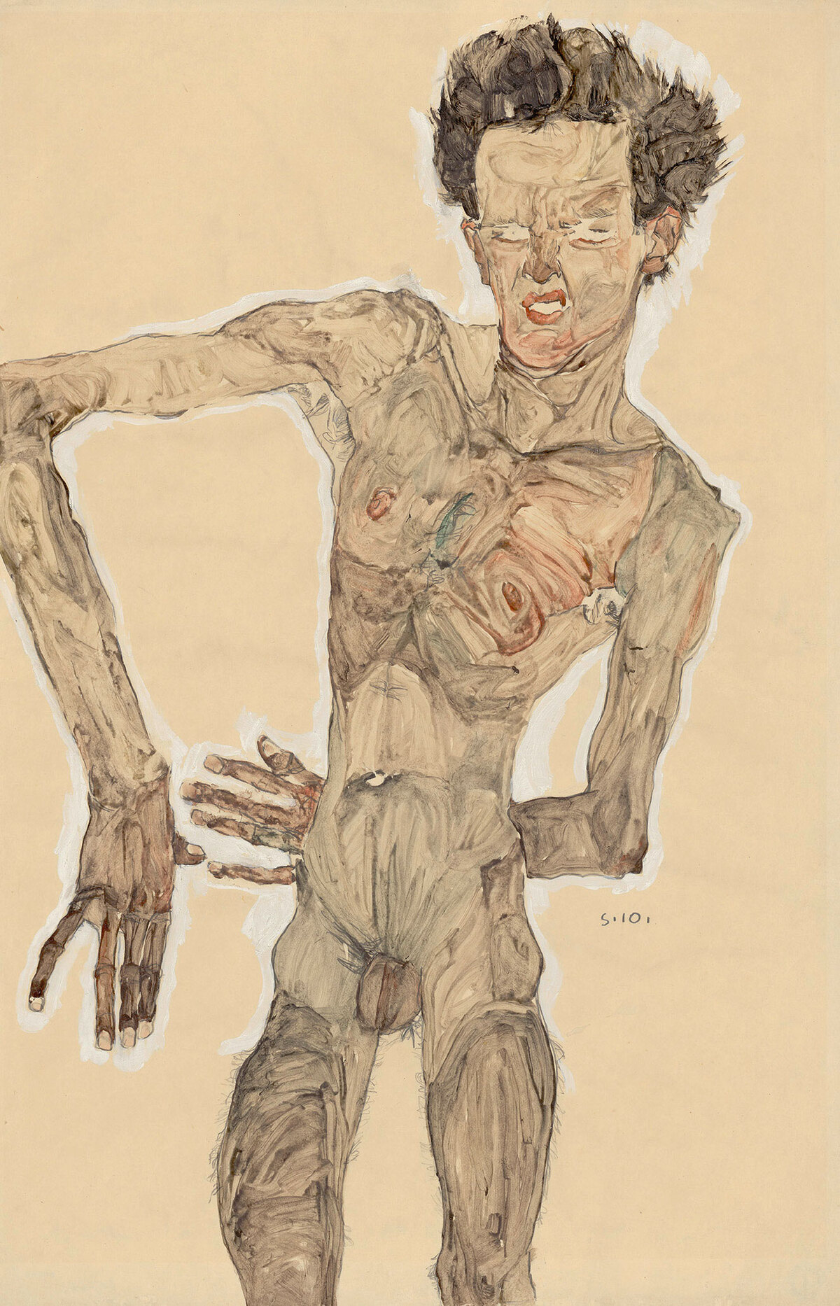 Egon Schiele: „Grimassierendes Aktselbstbildnis“. In Zeiten von Klimt und Schiele war das von Michelangelo kreierte Idealbild überholt.
