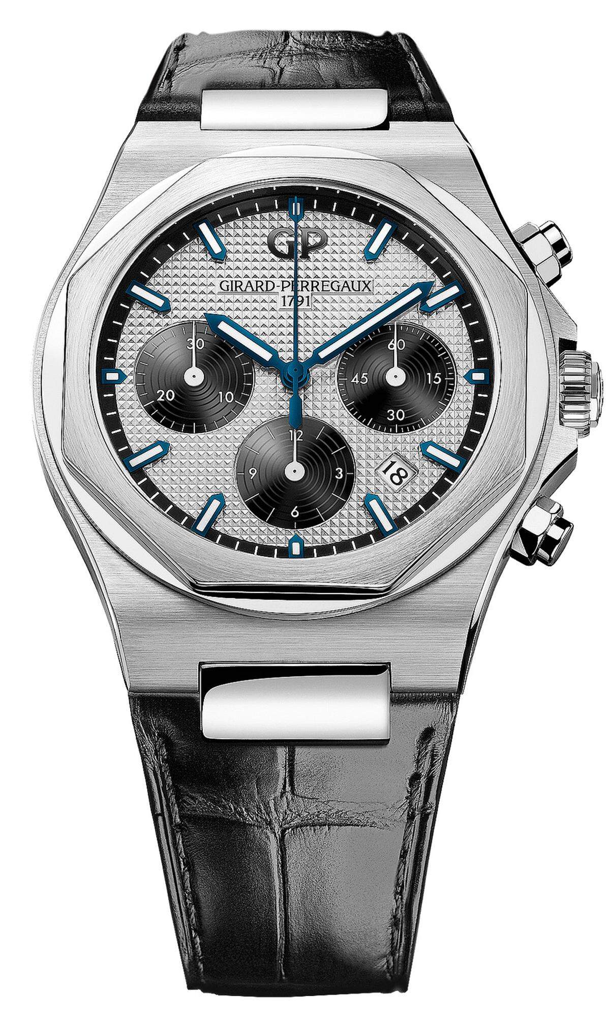 Girard-Perregaux „Laureato Chronograph". Nach der Wiederauflage der „Laureato" vor zwei Jahren erweitert heuer Girard-Perregaux die Kollektion um eine Chronographen-Linie – in verschiedenen Zifferblattversionen, in 42 oder 38 Millimeter großen Gehäusen und in Edelstahl oder Roségold.   Alexander Pfeffer