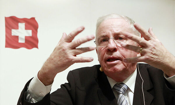 Swiss People´s Party National Councillor Blocher speaks to delegates during their party meeting in Balsthal
