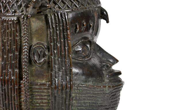 A view of the Benin bronze depicting the Oba of Benin is seen at The Sir Duncan Rice Library in Aberdeen