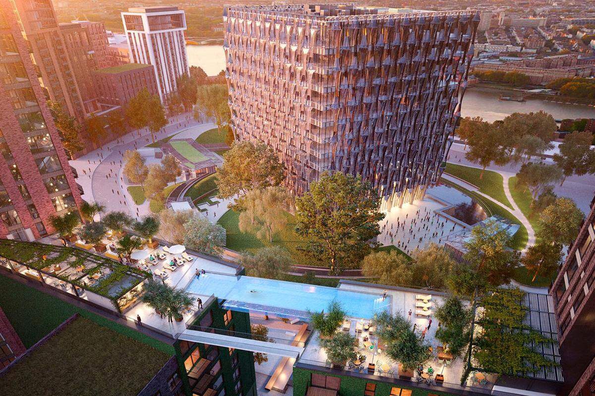 Embassy Gardens heißt das neue Wohngebiet in Londons Diplomatenviertel am Südufer der Themse. Bis 2016 sollen die Bauarbeiten der Ballymore Group abgeschlossen sein und damit auch eine Weltneuheit eröffnet werden: die Skypool.  