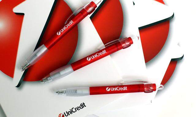 Unicredit´s bank logo is pictured on block notes and pens at the headquarters in Milan