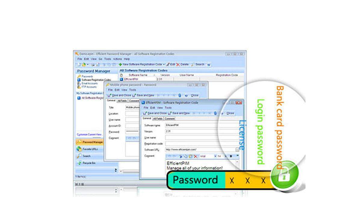 Der Efficient Password Manager unterscheidet sich von anderen Anbietern dadurch, dass es bei der Erstellung eines Passworts hilft, wenn die Inspiration fehlt. Dabei hilft ein automatischer Generator. Die Anwendung bietet eine übersichtliche Unterteilung der verschiedenen Kategorien.