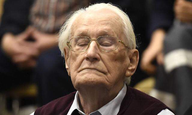 July 15 2015 Lueneburg GERMANY 94 year old former SS sergeant Oskar Groening listens to the ve