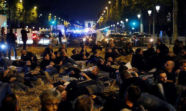 French farmers sit on hay as they stage a demonstration on the Champs-Elysee avenue in Paris