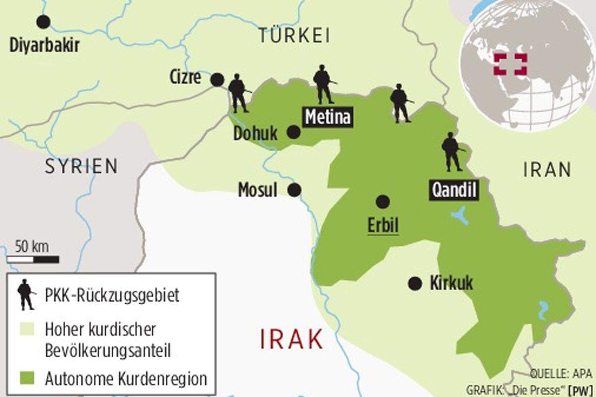 Das von der PKK kontrollierte Gebiet zieht sich entlang der türkischen Grenze weiter bis zum Qandil-Gebirge an der irakisch-iranischen Grenze. In Qandil liegt das Hauptquartier der PKK.