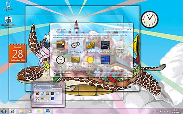 Die kleinen Änderungen an der Benutzeroberfläche sind zwar unauffällig, aber alles in allem ist Windows 7 ein schickes System. Bei den Bildschirmhintergründen hat sich Microsoft mit einigen internationalen Designern um ein wenig Extravaganz bemüht. Sie sind auch noch durch die Fensterrahmen zu sehen, deren milchglasige Oberfläche in verschiedene Pastelltöne gefärbt werden kann.