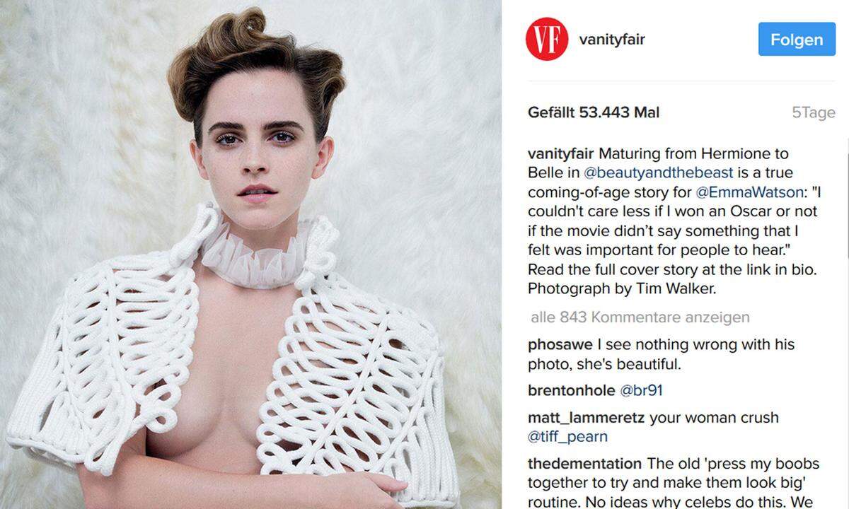 Ein grobmaschiges, weißes Bolero-Jäckchen von Burberry - damit hat es angefangen. Das Bild entstand im Rahmen eines Fotoshootings für das Magazin "Vanity Fair" und wurde der Auslöser für einen kleinen Sturm gegen die Schauspielerin Emma Watson. 