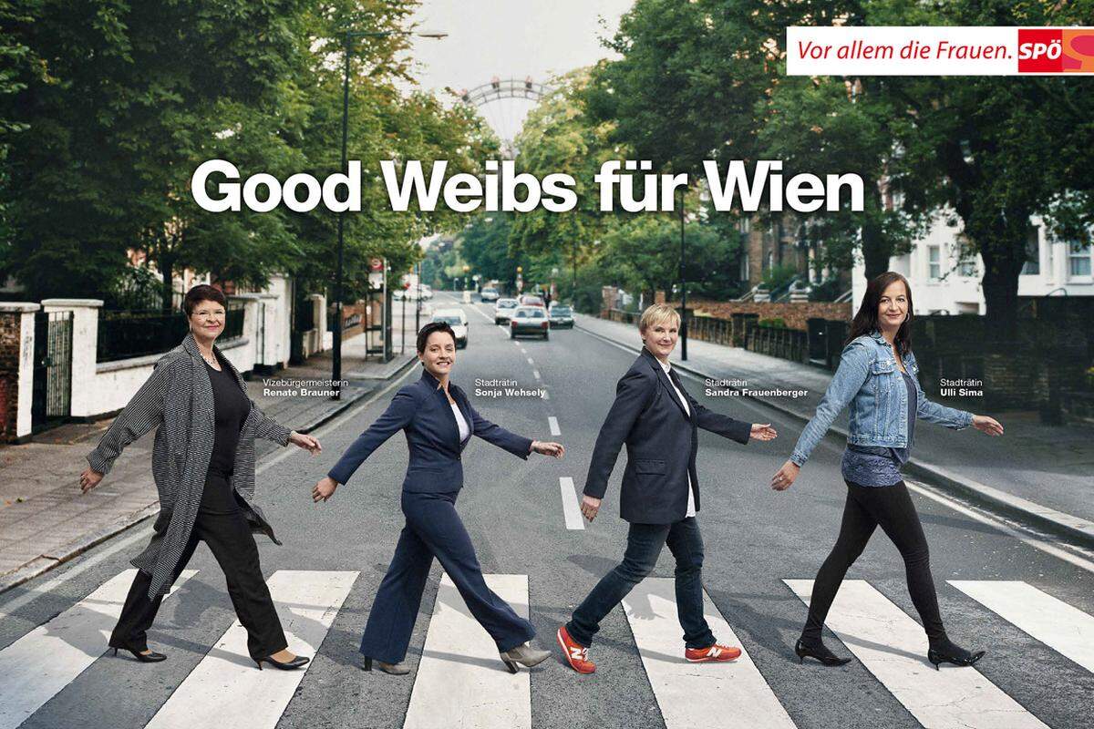 Vor dem Internationalen Frauentag am 8. März startet die Wiener SPÖ die Kampagne "Good Weibs für Wien". Auf einem am Mittwoch verbreiteten Werbesujet marschieren Vizebürgermeisterin Renate Brauner sowie die Stadträtinnen Sonja Wehsely, Sandra Frauenberger und Ulli Sima im Stile des ikonenhaften Covers der Beatles-Platte "Abbey Road" über einen Zebrastreifen. Man wolle mit der Kampagne informieren, "was Frauenpolitik für die Frauen in Wien bedeutet", heißt es in einer Aussendung. Ein Aktionstag in allen Bezirken (3. März) und ein Frauenfest am 7. März im ega (6. Bezirk) folgen.