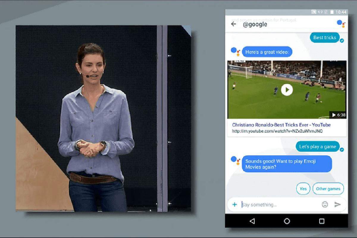 Statt wie in WhatsApp über Kürzel Formatierungen vorzunehmen, kann man flüstern und schreien, wenn man den Sende-Button länger drückt und nach oben oder unten schiebt. Außerdem schlägt der Messenger nicht mehr nur Wörter vor, sondern bietet auch Smart-Reply. Wodurch auf Fragen zu einem Date bereits ein paar mögliche Antworten angezeigt werden. Und wenn mal kein Freund zum Quatschen zur Verfügung steht, kann man mit dem integrierten Chatbot kommunizieren. Dieser präsentiert sich als von Google geplante zentrale Anlaufstelle für alles. Kein google.at mehr für Suchanfragen. Direkt den Chatbot mit der Recherche beauftragen. Auch YouTube-Videos werden direkt in der App angezeigt. 
