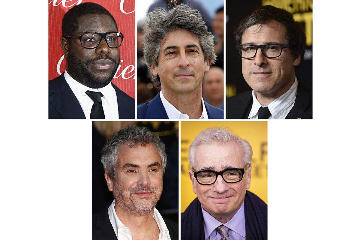 Nominiert sind (im Uhrzeigersinn von links oben):  Steve McQueen für ''12 Years a Slave''  Alexander Payne für ''Nebraska''  Martin Scorsese für ''The Wolf of Wall Street''  David O. Russell für ''American Hustle''  Alfonso Cuaron für ''Gravity''