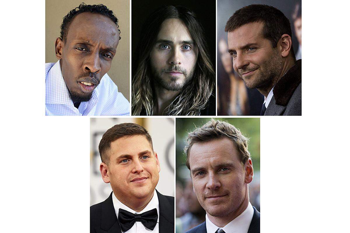 Nominiert sind (im Uhrzeigersinn von links oben)Barkhad Abdi für ''Captain Phillips''  Bradley Cooper für ''American Hustle'' Michael Fassbender für ''12 Years a Slave'' Jonah Hill für ''The Wolf of Wall Street'' Jared Leto für ''Dallas Buyers Club''