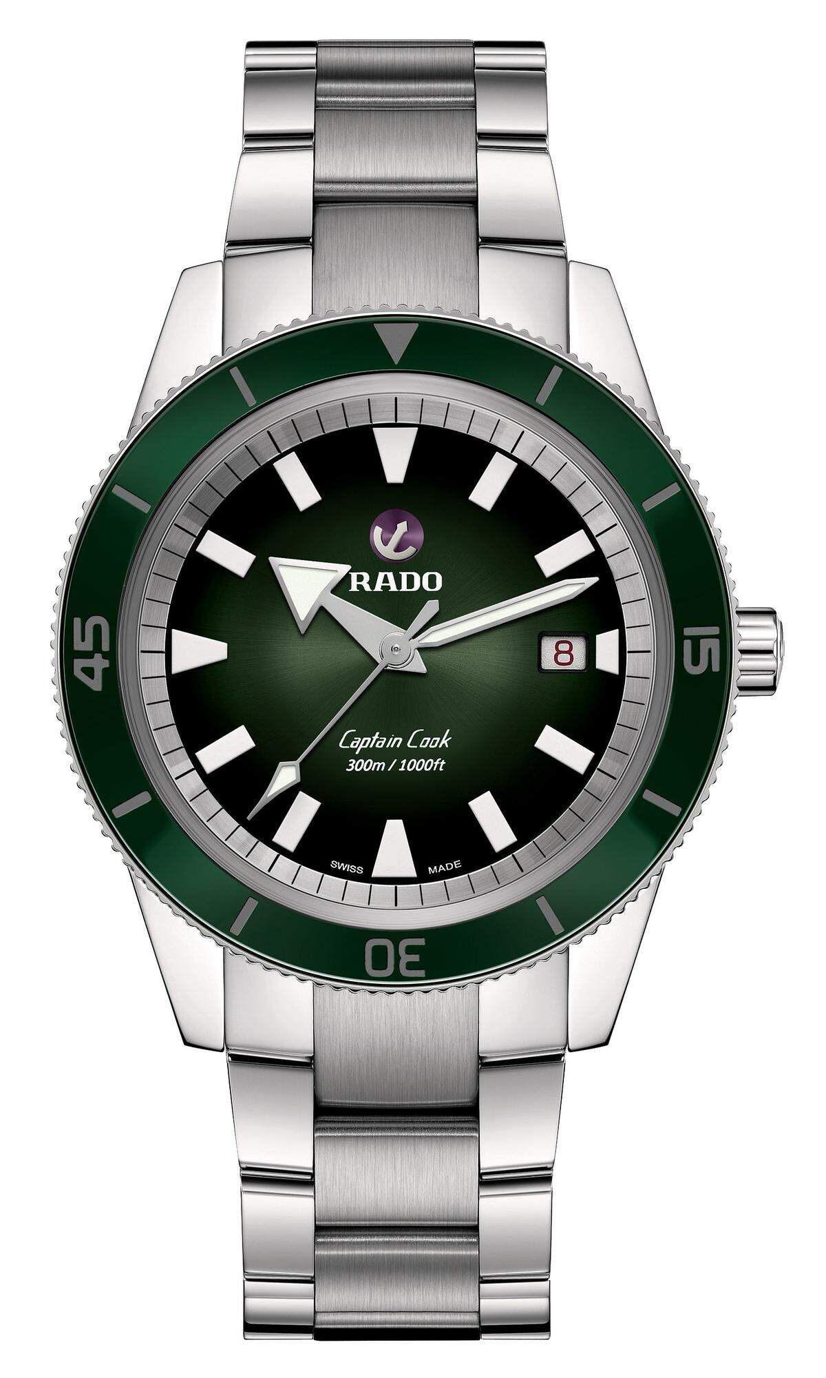 Rado "Captain Cook Automatic 300M".Diese Neuinterpretation des Originals aus dem Jahr 1962 verfügt über einen Durchmesser von 42 mm, ein kratzfestes Saphirglas sowie eine Wasserdichtigkeit bis zu 300 Meter. Im Inneren tickt ein ETA-Automatikwerk mit 80 Stunden Gangreserve.