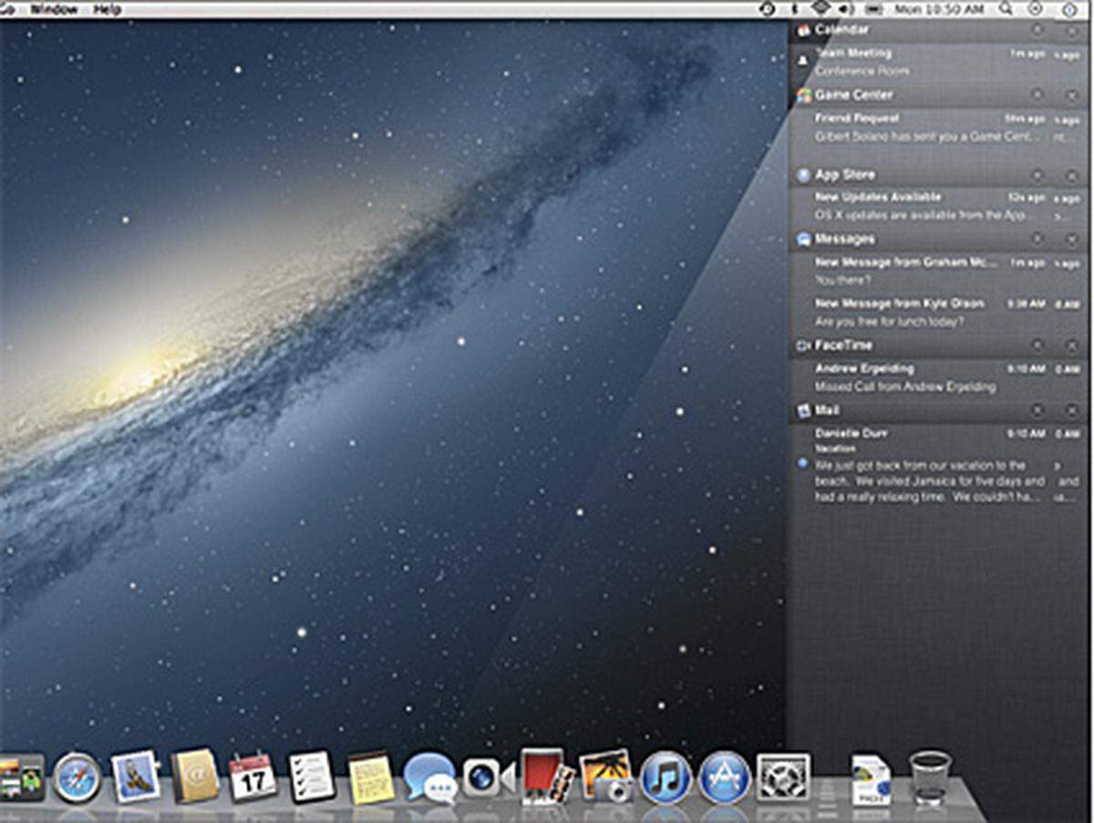 Die Mitteilungs-Zentrale hält ebenfalls Einzug am Mac-Desktop. Was sich am iphone und am iPad wie ein Rollo herunterziehen lässt, erscheint in Mac OS X 10.8 als Randspalte. Wie gewohnt werden hier aktuelle Termine, neue E-Mails, Nachrichten, das Wetter, Facebook-Benachrichtigungen und andere Neuigkeiten angezeigt.