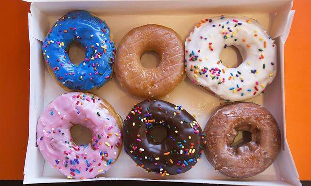 A box of donuts is pictured at a newly opened Dunkin' Donuts store in Santa Monica